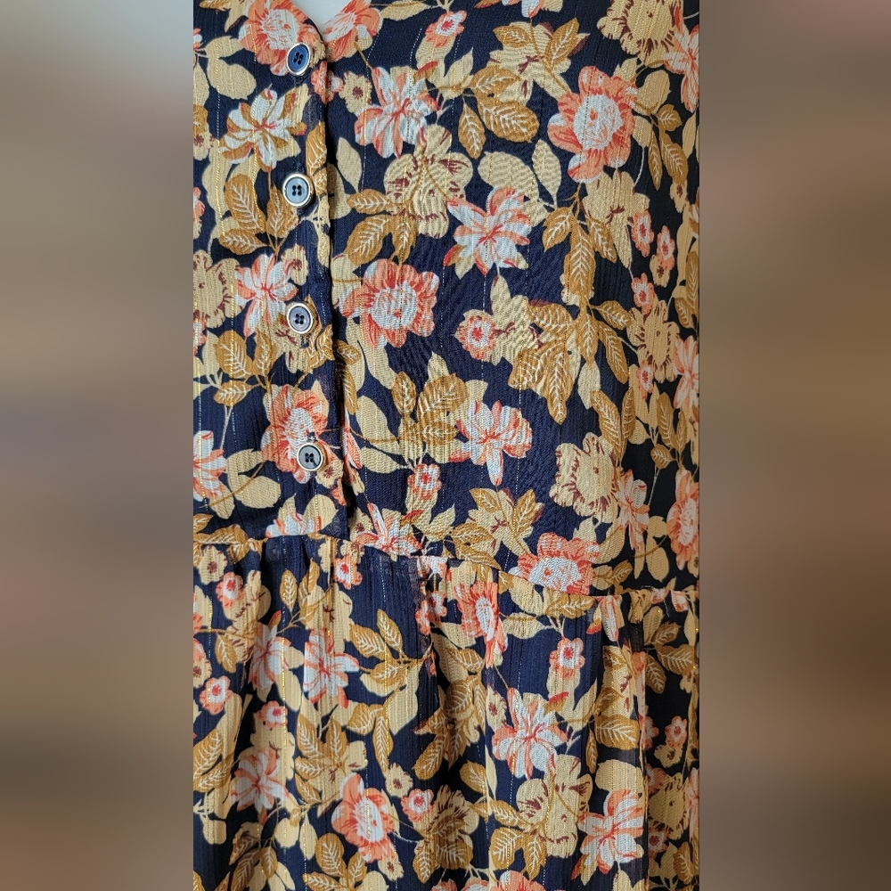 La Petiet Étolie Paris V-Neck Mini Dress Womens S Navy Tan Pink Floral Boho Flow - Picture 7 of 13